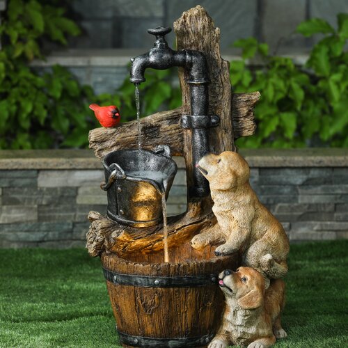 Puppies, Pail & Pump Water Fountain w/ LED Light: Polyresin